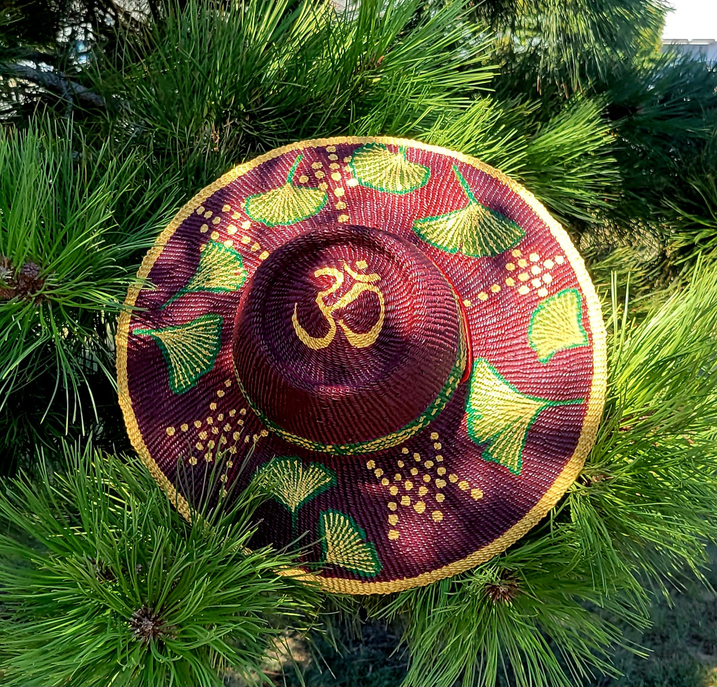 Bolga Widebrim Hat with Om and Ginkgo Leaves Symbol