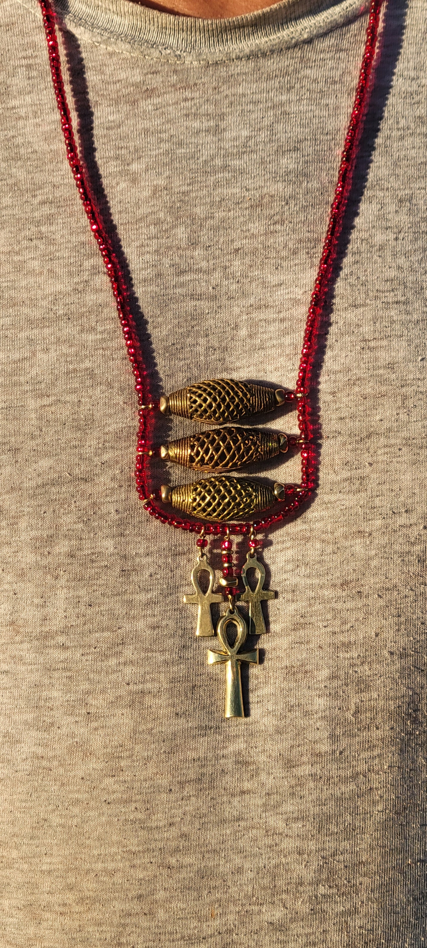 Afrikan Lost Wax Basket Brass Bead with Ankh Necklace