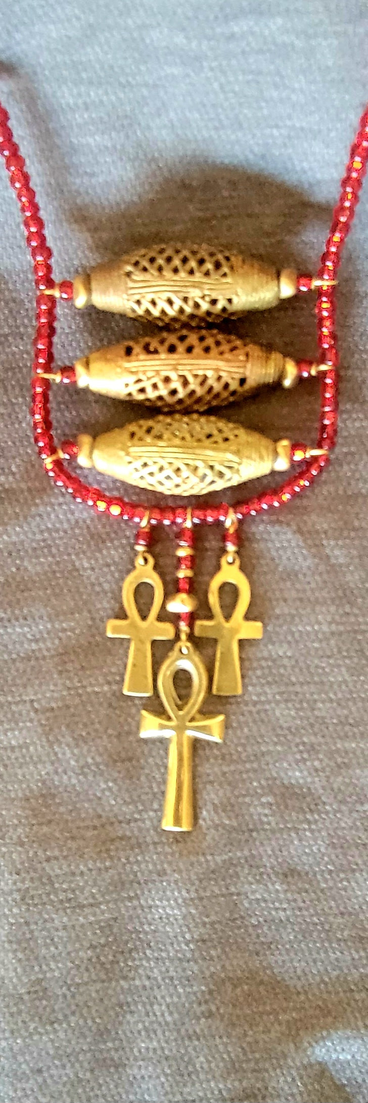 Afrikan Lost Wax Basket Brass Bead with Ankh Necklace