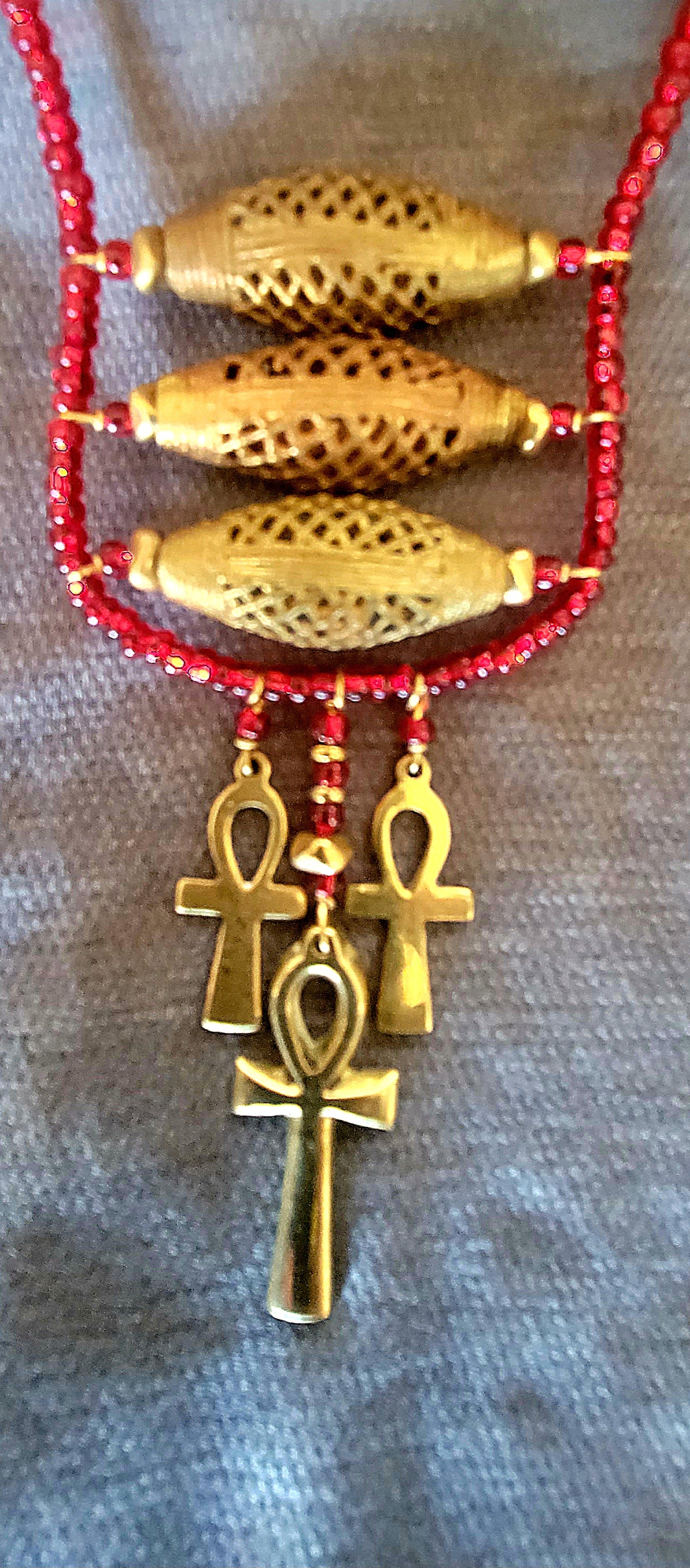 Afrikan Lost Wax Basket Brass Bead with Ankh Necklace