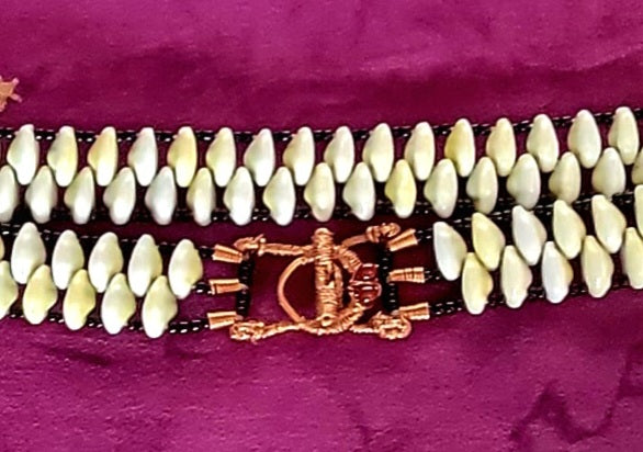 Cowrie shell belt with copper buckle and Carnelian gemstone beads